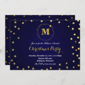 ブルー金ゴールド紙吹雪モノグラムクリスマスパーティー 招待状 (正面/裏面)