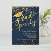 ブルー金ゴールド紙吹雪卒業パーティー招待状 招待状 (スタンド正面)