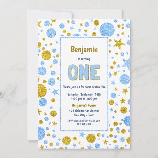 ブルー金ゴールド紙吹雪1st誕生日パーティー 招待状 (正面)