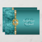 ブルー金ゴールド結婚の婚約誕生日 招待状 (正面/裏面)