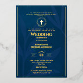 ブルー金ゴールド結婚カソリッエレガントクフォーマルスモダン 箔招待状 (正面)