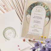 ブルー金ゴールド結婚ズアールヌーボーアールデコミュシャ 箔招待状