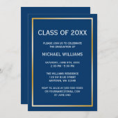 ブルー金ゴールド縁ど卒業発表 招待状 (正面/裏面)