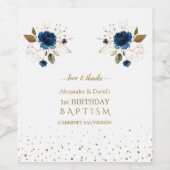 ブルー金ゴールド花少年ツインズ1stバースデーバプテスマ ワインラベル (シングルラベル)