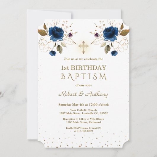 ブルー金ゴールド花少年ツインズ1stバースデーバプテスマ 招待状 (正面)