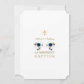 ブルー金ゴールド花少年ツインズ1stバースデーバプテスマ 招待状 (裏面)