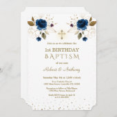 ブルー金ゴールド花少年ツインズ1stバースデーバプテスマ 招待状 (正面/裏面)