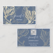 ブルー金ゴールド花額縁QRコード枠付きロゴ 名刺 (正面/裏面)