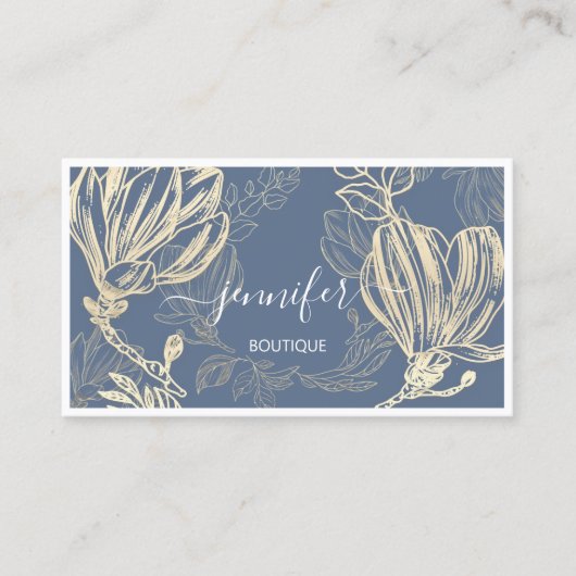 ブルー金ゴールド花額縁QRコード枠付きロゴ 名刺 (正面)