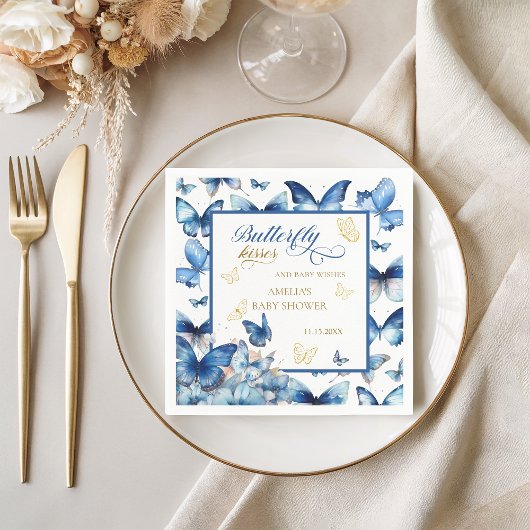 ブルー金ゴールド蝶キスベビーシャワー スタンダードカクテルナプキン