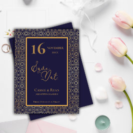ブルー金ゴールド複雑なデザイン結婚式の日付を保存 インビテーションポストカード