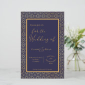 ブルー金ゴールド複雑なデザイン結婚式招待状 (スタンド正面)