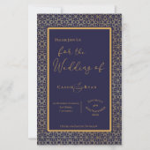ブルー金ゴールド複雑なデザイン結婚式招待状 (正面)