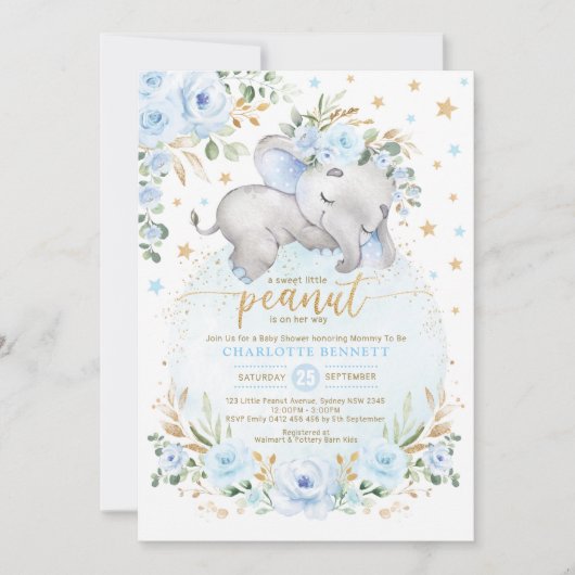 ブルー金ゴールド象フローラムーンスターズ赤ちゃんシャワー 招待状 (正面)