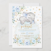 ブルー金ゴールド象ムーンスターズボーイベビーシャワー 招待状 (正面)