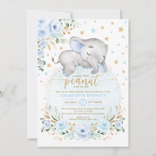 ブルー金ゴールド象ムーンスターズボーイベビーシャワー 招待状 (正面)