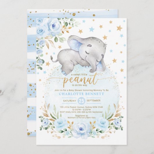 ブルー金ゴールド象ムーンスターズボーイベビーシャワー 招待状 (正面/裏面)