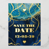 ブルー金ゴールド銀河系アゲートウェディング日付を保存 箔招待状ポストカード (正面)