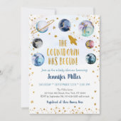 ブルー金ゴールド銀河系カウントダウンがベビーシャワーを始める 招待状 (正面)