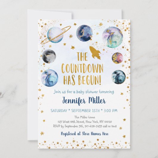 ブルー金ゴールド銀河系カウントダウンがベビーシャワーを始める 招待状 (正面)