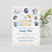 ブルー金ゴールド銀河系カウントダウンがベビーシャワーを始める 招待状 (スタンド正面)