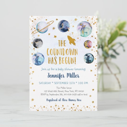 ブルー金ゴールド銀河系カウントダウンがベビーシャワーを始める 招待状 (スタンド正面)