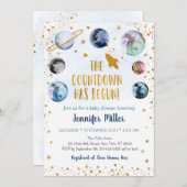 ブルー金ゴールド銀河系カウントダウンがベビーシャワーを始める 招待状 (正面/裏面)