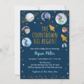 ブルー金ゴールド銀河系宇宙カウントダウンベビーシャワー 招待状 (正面)