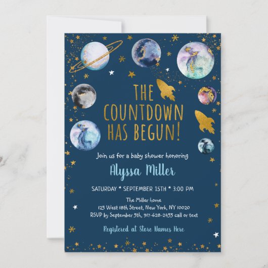 ブルー金ゴールド銀河系宇宙カウントダウンベビーシャワー 招待状 (正面)