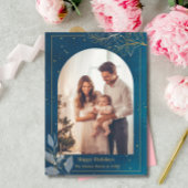 ブルー金ゴールド1フォトアーチクリスマスハッピーモダンド シーズンカード