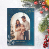ブルー金ゴールド1フォトアーチクリスマスハッピーモダンド シーズンカード