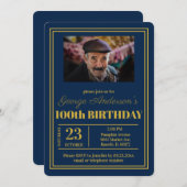 ブルー金ゴールド100th誕生日パーティー 招待状 (正面/裏面)