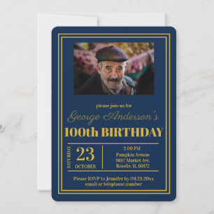 ブルー金ゴールド100th誕生日パーティー 招待状