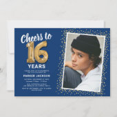 ブルー金ゴールド16番目の誕生日写真 招待状 (正面)
