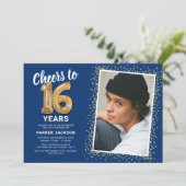 ブルー金ゴールド16番目の誕生日写真 招待状 (スタンド正面)