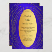 ブルー金ゴールド50th Birthday Partyへの招待 招待状 (正面/裏面)