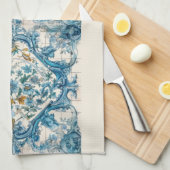 ブルー金ゴールド&ホワイトタラベラアズレジョタイルルック3 キッチンタオル (四つ折り)