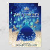 ブルー金ゴールド《写真》ぼけ味バタフライドレスキンセアニラ 招待状 (正面/裏面)