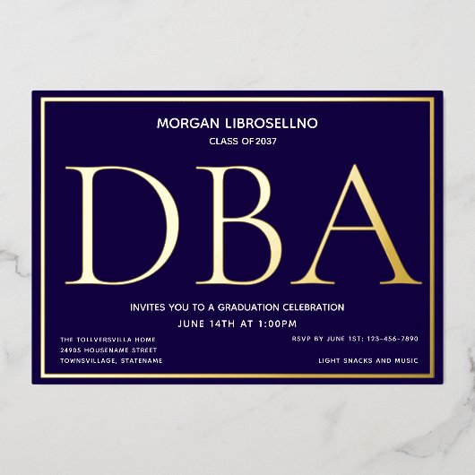 ブルー金ゴールドDBA卒業 箔招待状 (正面)