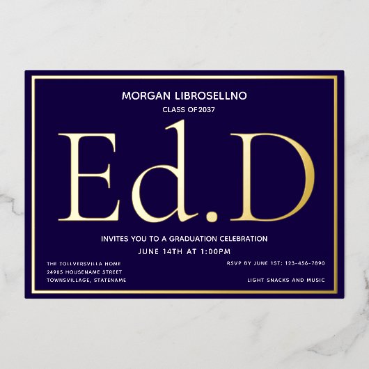 ブルー金ゴールドEd.D卒業 箔招待状 (正面)