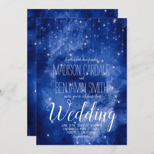 ブルー銀河系シーナリースターズフェアリー結婚ライツ 招待状 (正面/裏面)