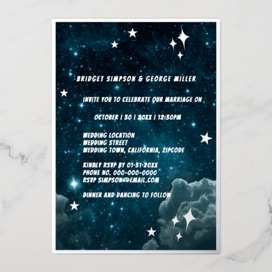 ブルー銀河系ス結婚カイズシルバー 箔招待状 (正面)