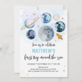 ブルー銀河系ファーストのまわりにトリップザサン誕生日 招待状 (正面)