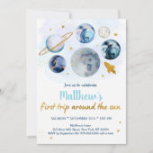 ブルー銀河系ファーストのまわりにトリップザサン誕生日 招待状 (正面)