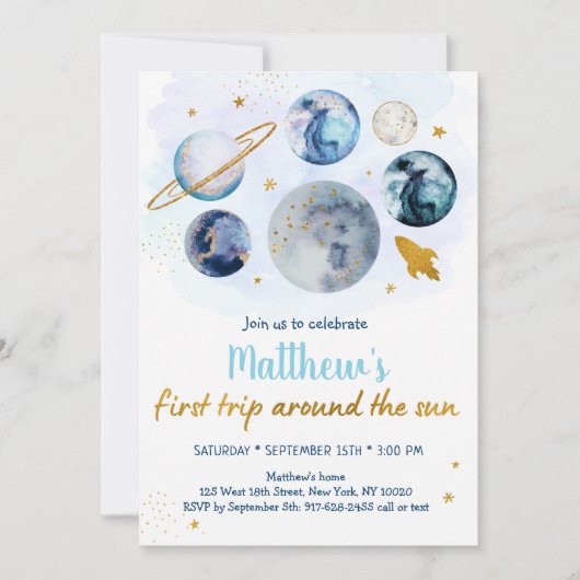 ブルー銀河系ファーストのまわりにトリップザサン誕生日 招待状 (正面)