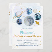 ブルー銀河系ファーストのまわりにトリップザサン誕生日 招待状 (正面/裏面)