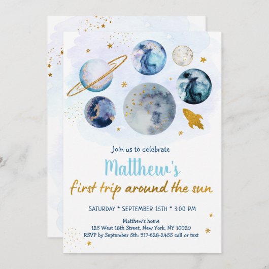 ブルー銀河系ファーストのまわりにトリップザサン誕生日 招待状 (正面/裏面)