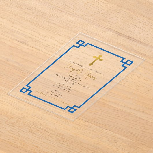 ブルー鍵ギリシャ正統《キリスト教》洗礼式や命名式バプテスマ アクリル招待状 (レイダウン)