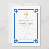 ブルー鍵ギリシャ正統《キリスト教》洗礼式や命名式バプテスマ 招待状 (正面)