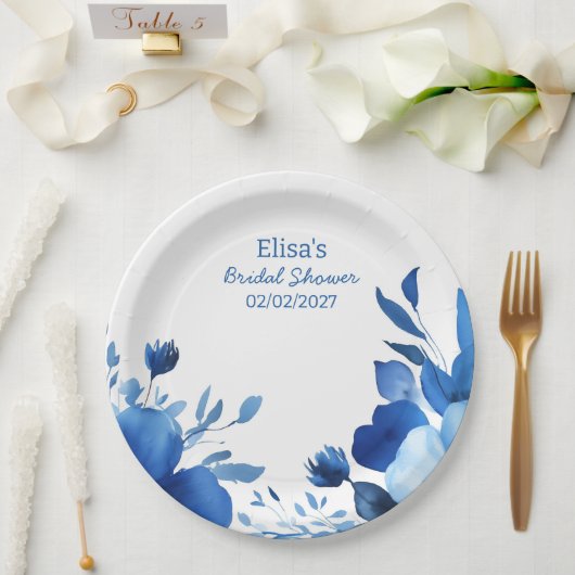 ブルー開花ウォーターカラーカスタムブライダルシャワー ペーパープレート (ウェディング)